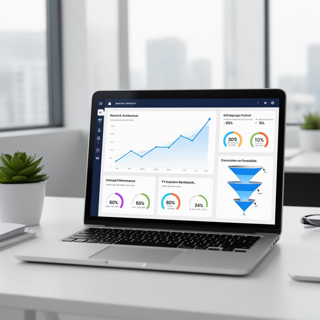 Laptop showing a paid ads analytics dashboard with rising revenue charts