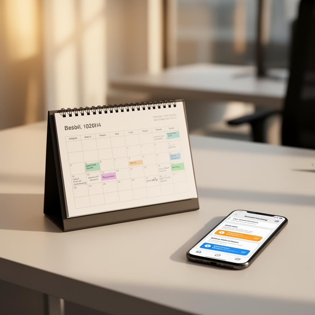 Desk calendar filled with appointments next to a smartphone showing booking notifications