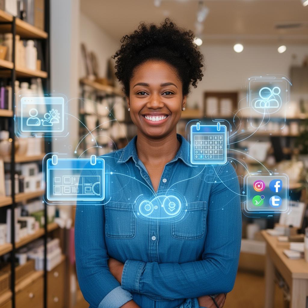 Confident small business owner with connected business systems visualized around her