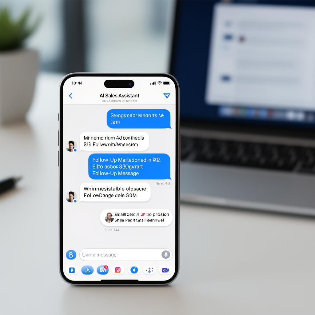 Smartphone showing automated AI sales follow-up messages with a customer