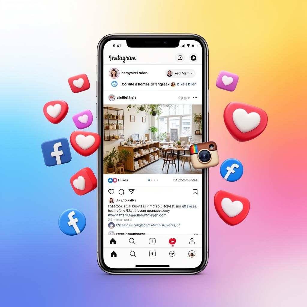 Smartphone showing vibrant social media feed with engagement notifications for a small business